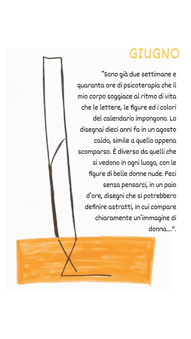 Disegno tratto dal calendario di Massimo Fagioli a cura de L'Asino d'oro edizioni.  “Sono già due settimane e quaranta ore di psicoterapia che il mio corpo soggiace al ritmo di vita che le lettere, le figure ed i colori del calendario impongono. Lo disegnai dieci anni fa in un agosto caldo, simile a quello appena scomparso. È diverso da quelli che si vedono in ogni luogo, con le figure di belle donne nude. Feci senza pensarci, in un paio d’ore, disegni che si potrebbero definire astratti, in cui compare chiaramente un’immagine di donna...".  Massimo Fagioli, Left 2009, L'Asino d'oro edizioni, Roma 2012.  Questo brano tratto da uno scritto di Massimo Fagioli è denso di significati simbolici e autobiografici e riflette bene il suo stile, in bilico tra introspezione psicologica e riflessione artistico-filosofica.  Il brano è un tipico esempio del pensiero di Massimo Fagioli, in cui arte, psicoterapia e riflessione sull’identità si intrecciano. Il calendario diventa uno strumento di introspezione e rappresentazione del mondo interno, ben distante dalla banalizzazione del corpo femminile che caratterizza certa cultura visiva.  #MassimoFagioli #Psicoterapia #Arte #Inconscio #Calendario #Astratto #PensieroVivo #Psicologia #Cultura